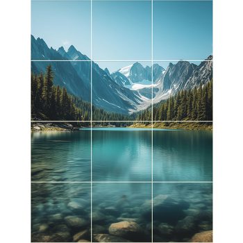 Tile mural of crystal-clear mountain lake with pine trees and snowy peaks – decorative ceramic tile Tile mural of crystal-clear mountain lake with pine trees and snowy peaks – decorative ceramic tile